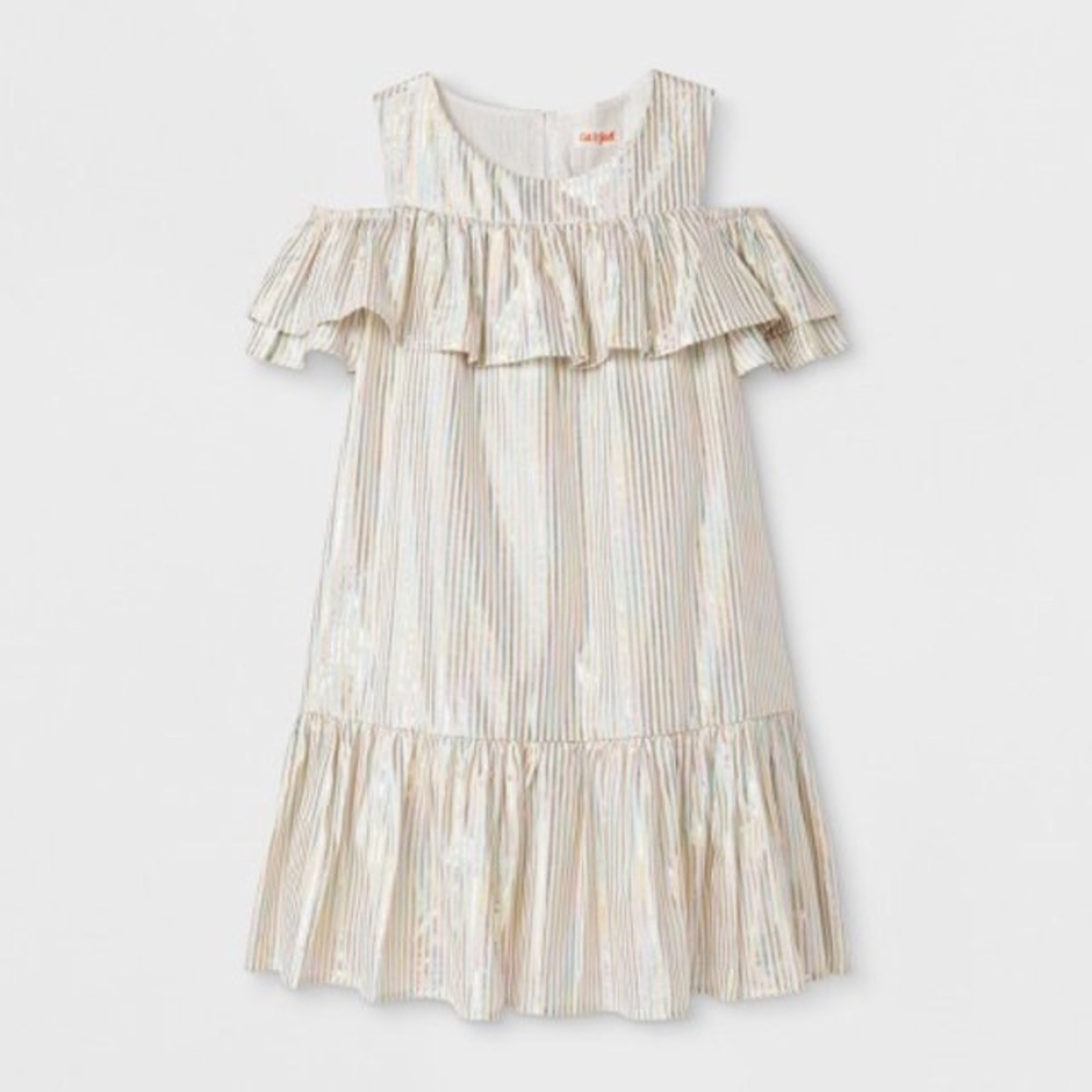 Cat & Jack Metallic Rainbow Striped Tiered Ruffle Cold Shoulder Dress